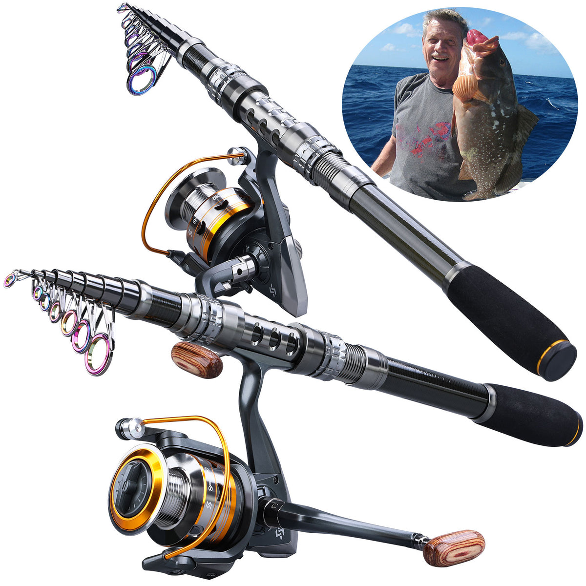 2.1M Spinning Fishing Rod Reel Combo 4 Sections Carbon Portable Travel  Fishing Lure Rod Pole with 14BB Spinning Fishing Reel Wheel