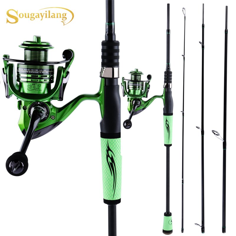 Sougayilang Fishing Rod Reel Combo，Carbon Fiber Protable Spinning Fishing  Pole and Colorful Spinning Reel for Travel 4 Pieces Freshwater