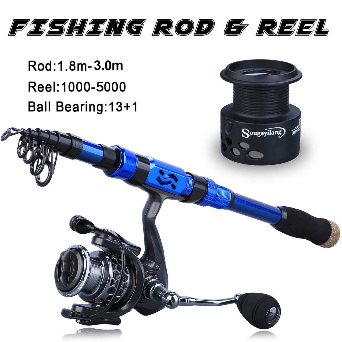 Sougayilang Top Quality 1.8M-3.0M Fishing Rod Reel Combo Carbon Fiber  Telescopic Fishing Pole and 13+1BB 5.5:1 Spinning Reel Set