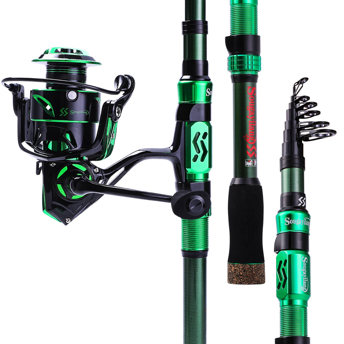 Sougayilang Fishing Rod Reel Combo，Carbon Fiber Protable Spinning Fishing  Pole and Colorful Spinning Reel for Travel 4 Pieces Freshwater