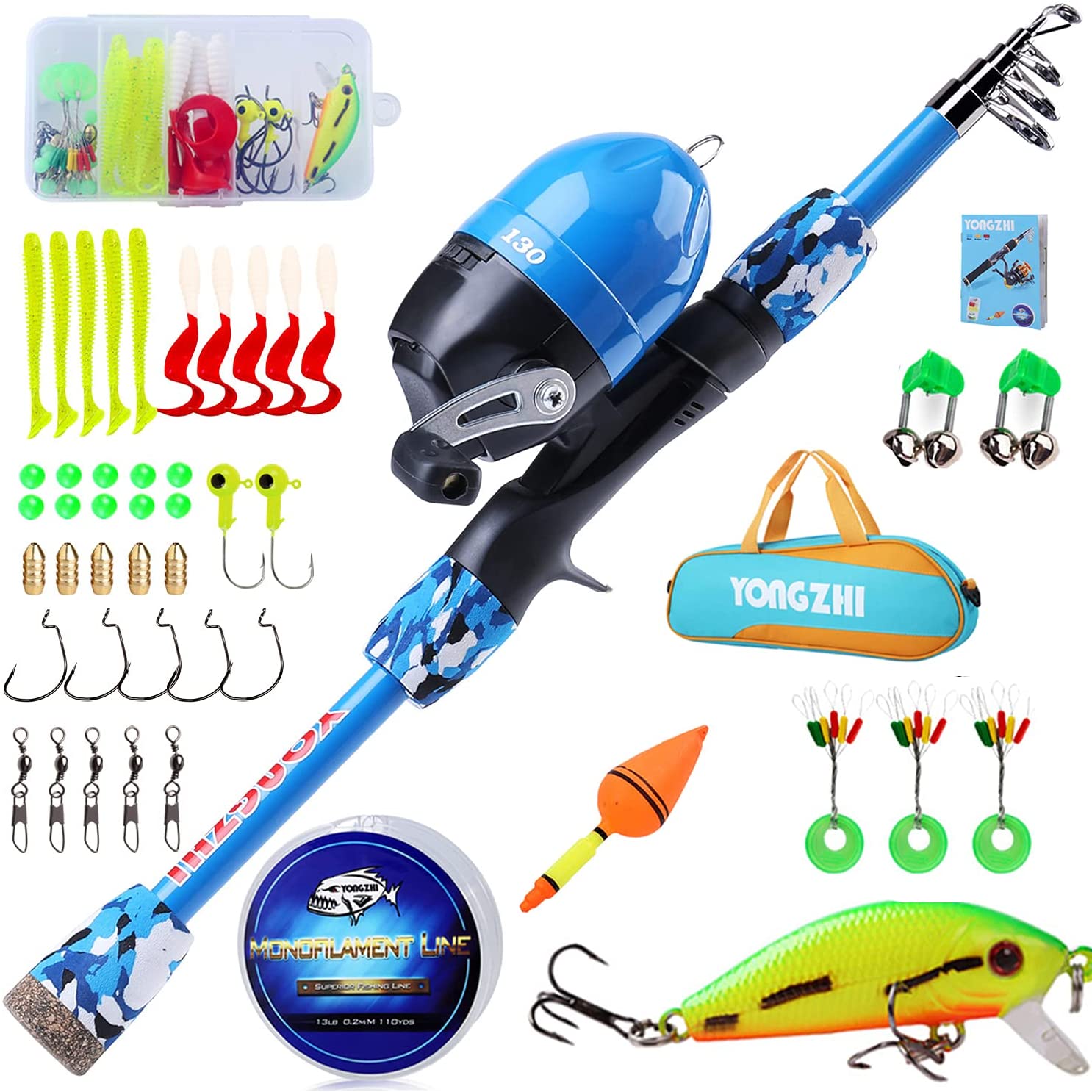 ODDSPRO Kids Fishing Pole Portable Telescopic Fishing Rod and Reel Combo Kit - with Spincast Fishing Reel Tackle Box for Boys Girls Youth, Blue