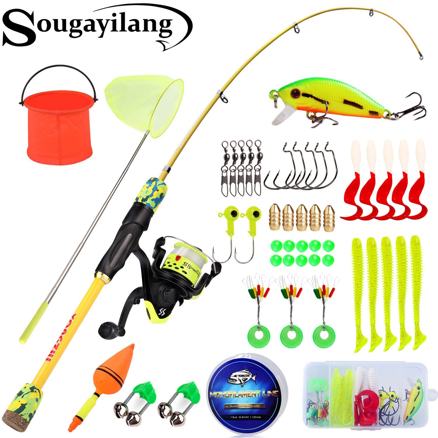 Sougayilang Fishing Rod and Reel Combo Spinning Fishing Rod and Spinning  Reel Fishing Line Lure Hook Full Set Gifts for Children