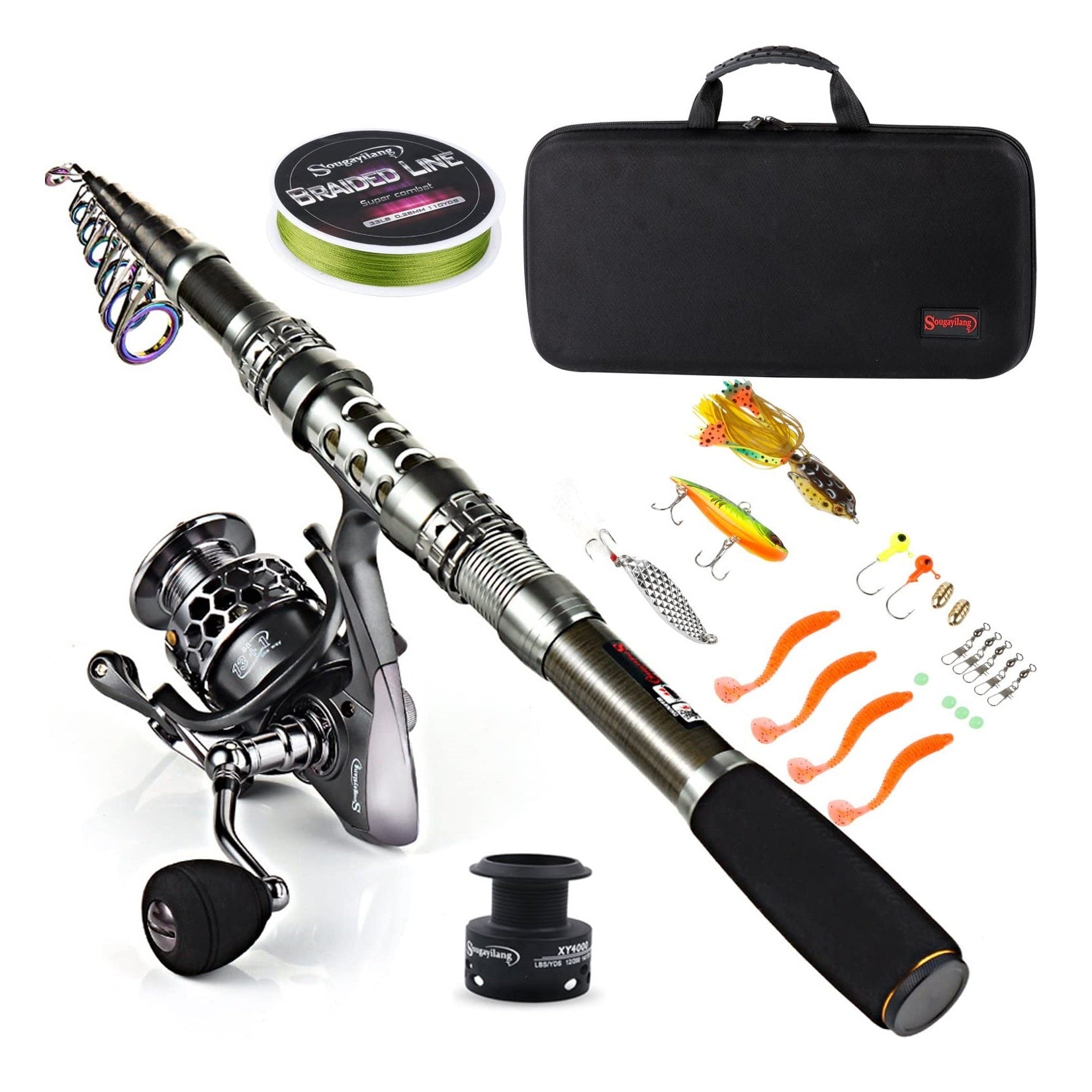 2.1m Telescopic Fishing Rod Spinning Pole Reel Combo Full Kit With Line &  Bag