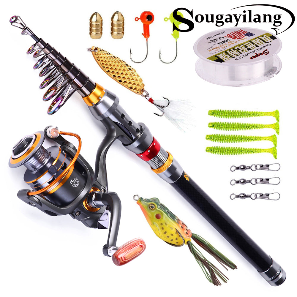 Sougayilang Portable Telescopic Fishing Rod Combo Carbon Fiber Spinning  Fishing Reel PE Fishing Line Hook Lure Full Kit